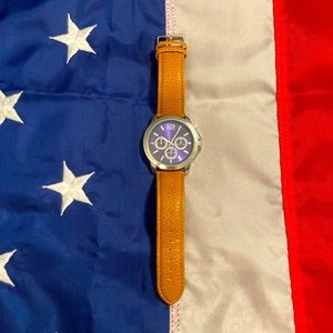 Mens 45mm Silver/Blue/Tan Leather Strap Watch